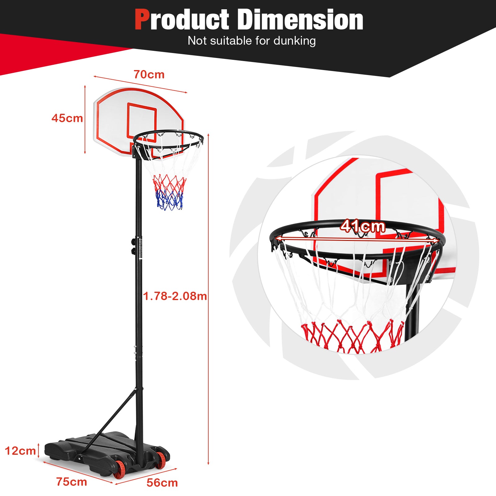 Portable Basketball Hoop with Wheels and 28" Backboard for Kids Youth Adults and Family