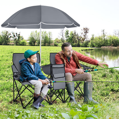 Portable Double Camping Chair with Umbrella and Ice Bag-Grey
