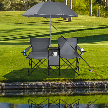 Portable Double Camping Chair with Umbrella and Ice Bag-Grey