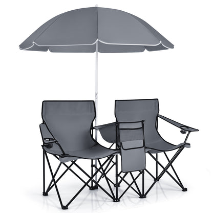 Portable Double Camping Chair with Umbrella and Ice Bag-Grey