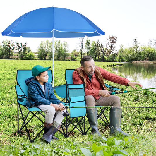 Portable Double Camping Chair with Umbrella and Ice Bag-Turquoise