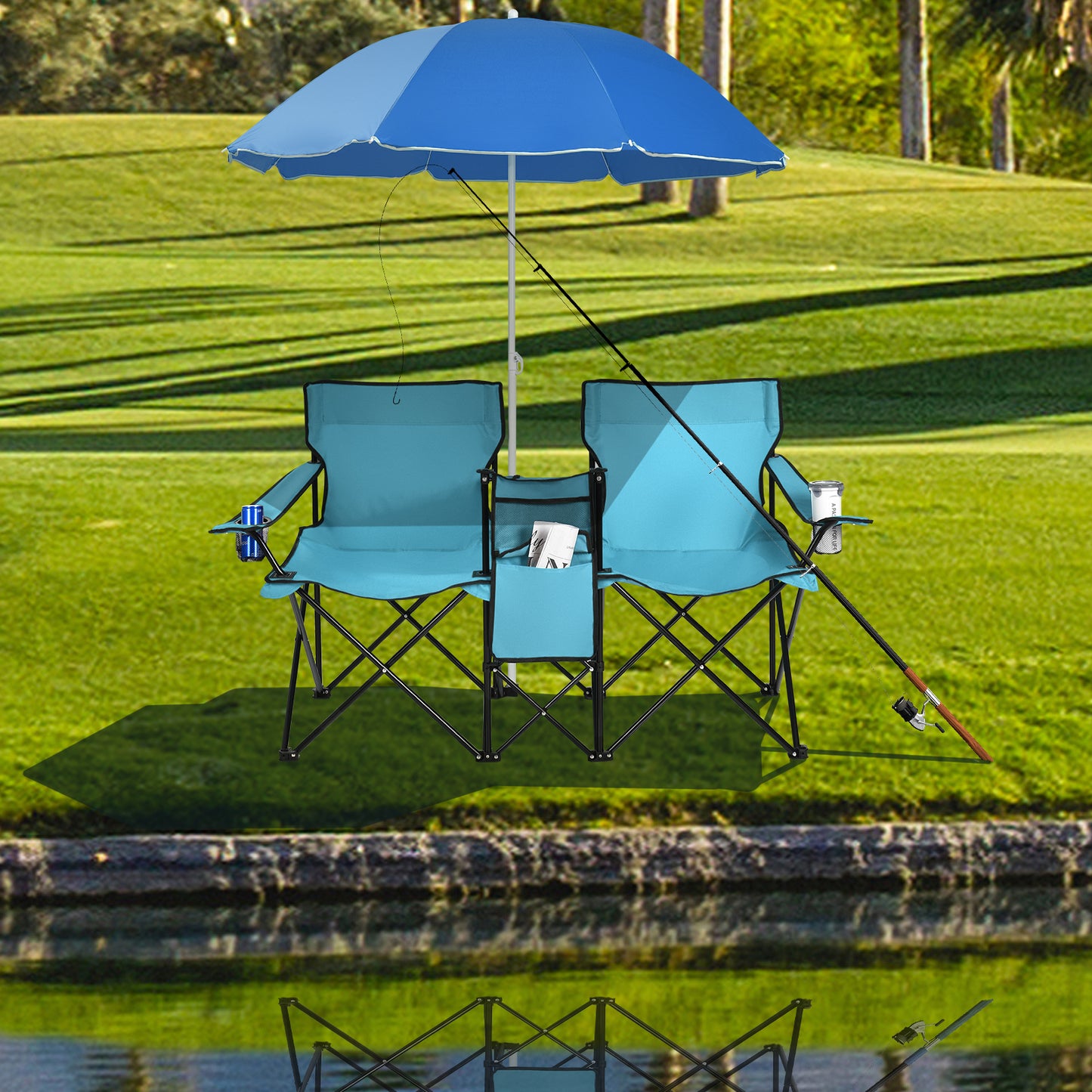 Portable Double Camping Chair with Umbrella and Ice Bag-Turquoise