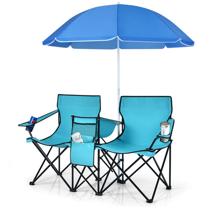 Portable Double Camping Chair with Umbrella and Ice Bag-Turquoise