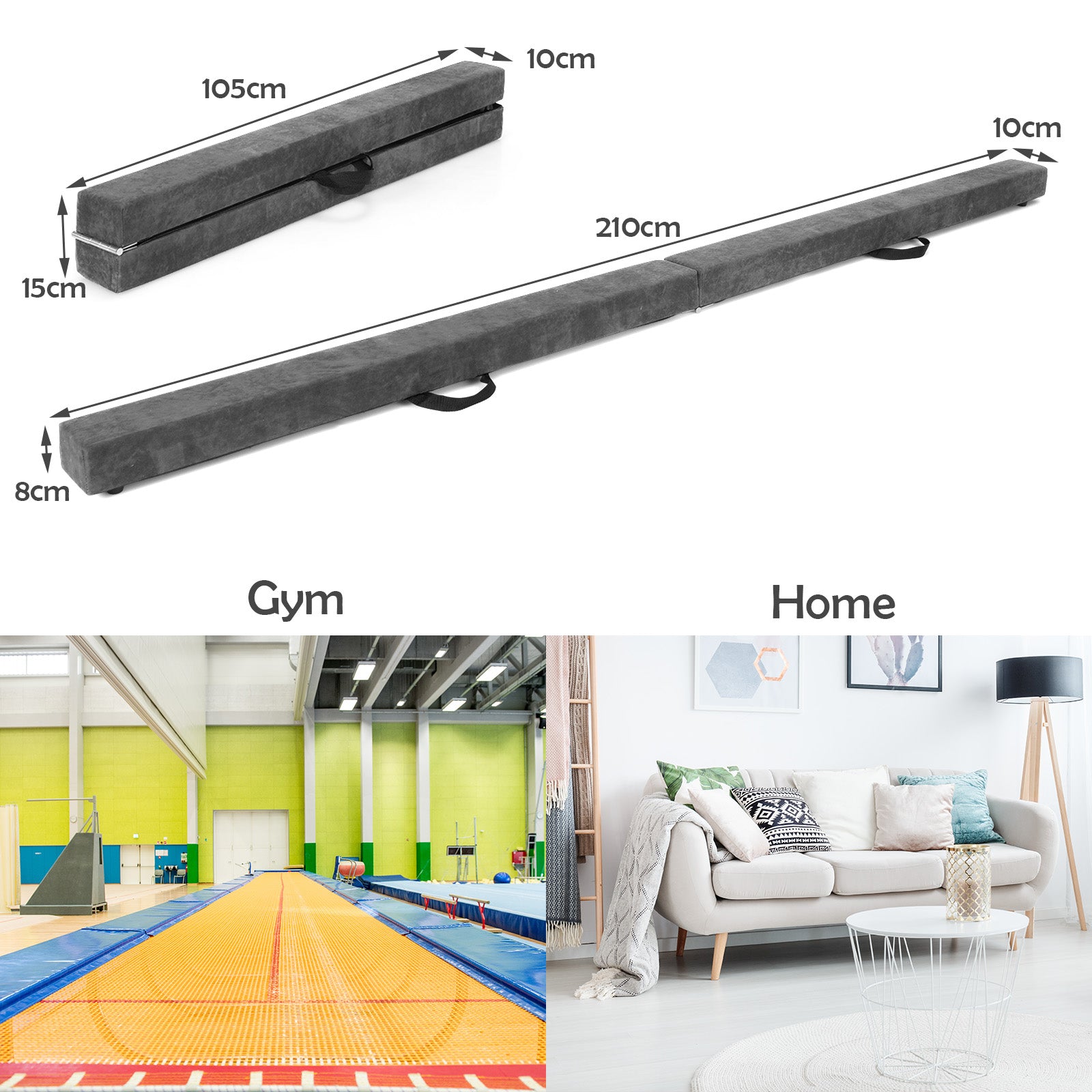 Portable Folding Gymnastic Beam with Carrying Handles-Grey