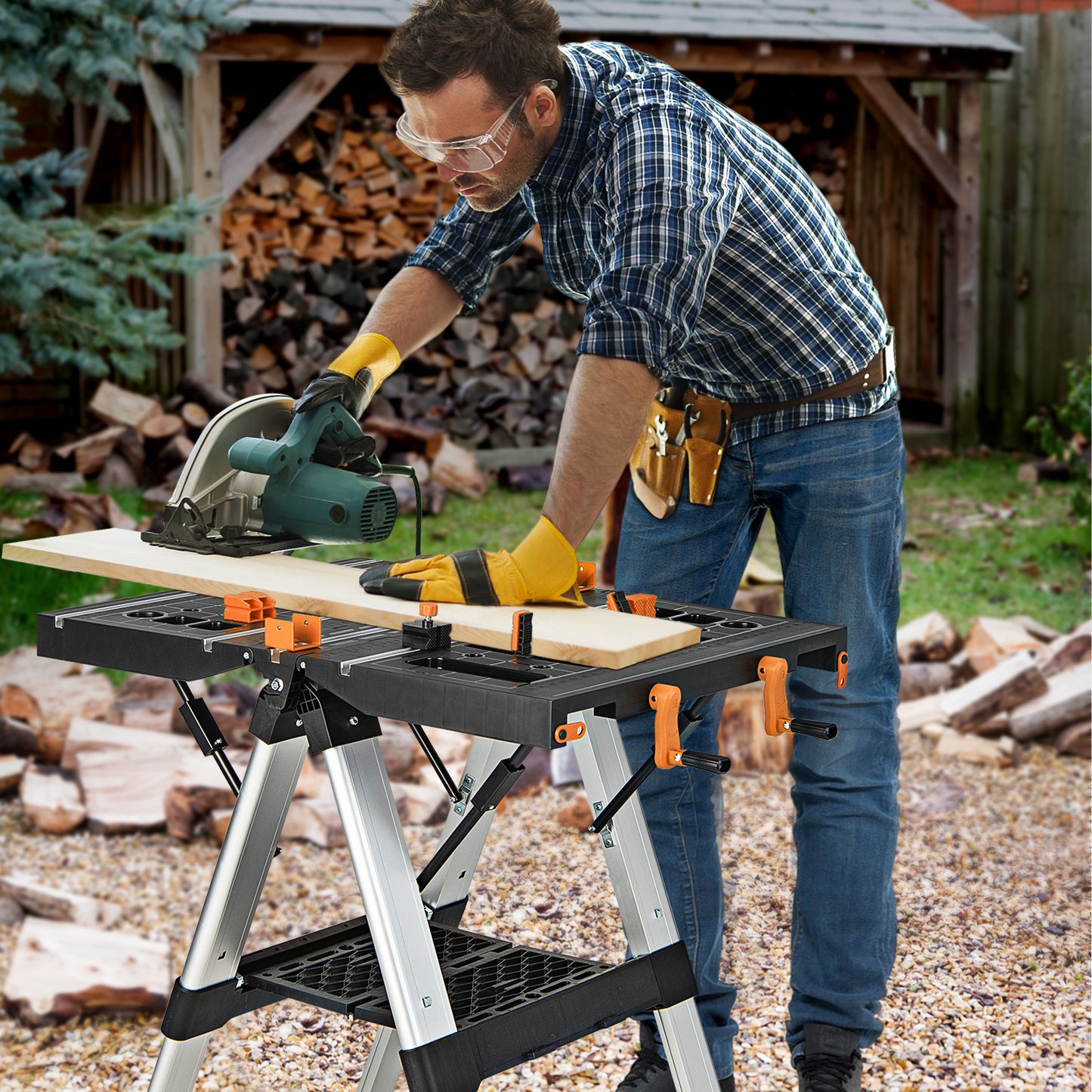 2 in 1 Portable Folding Work Bench Sawhorse Worktable with Adjustable Height-Orange
