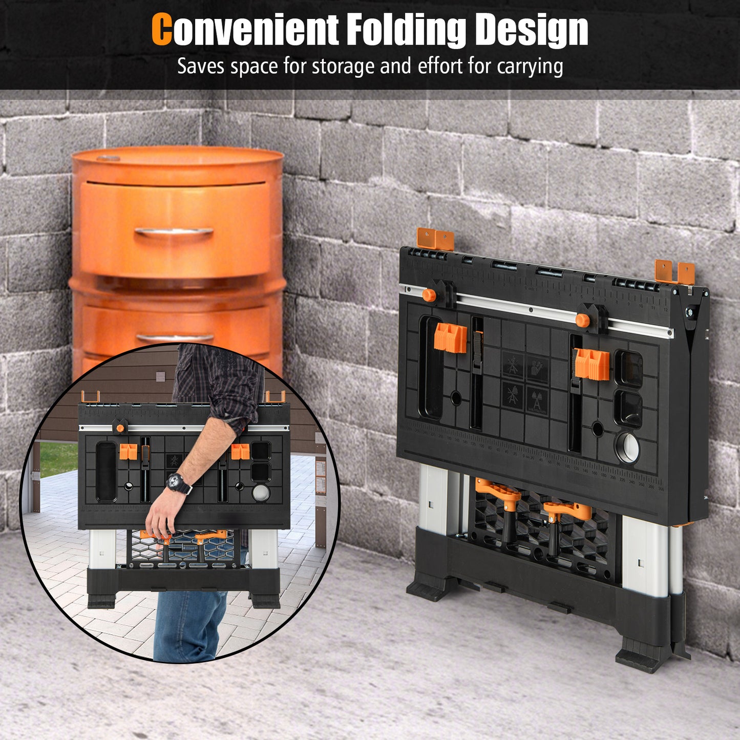 2 in 1 Portable Folding Work Bench Sawhorse Worktable with Adjustable Height-Orange