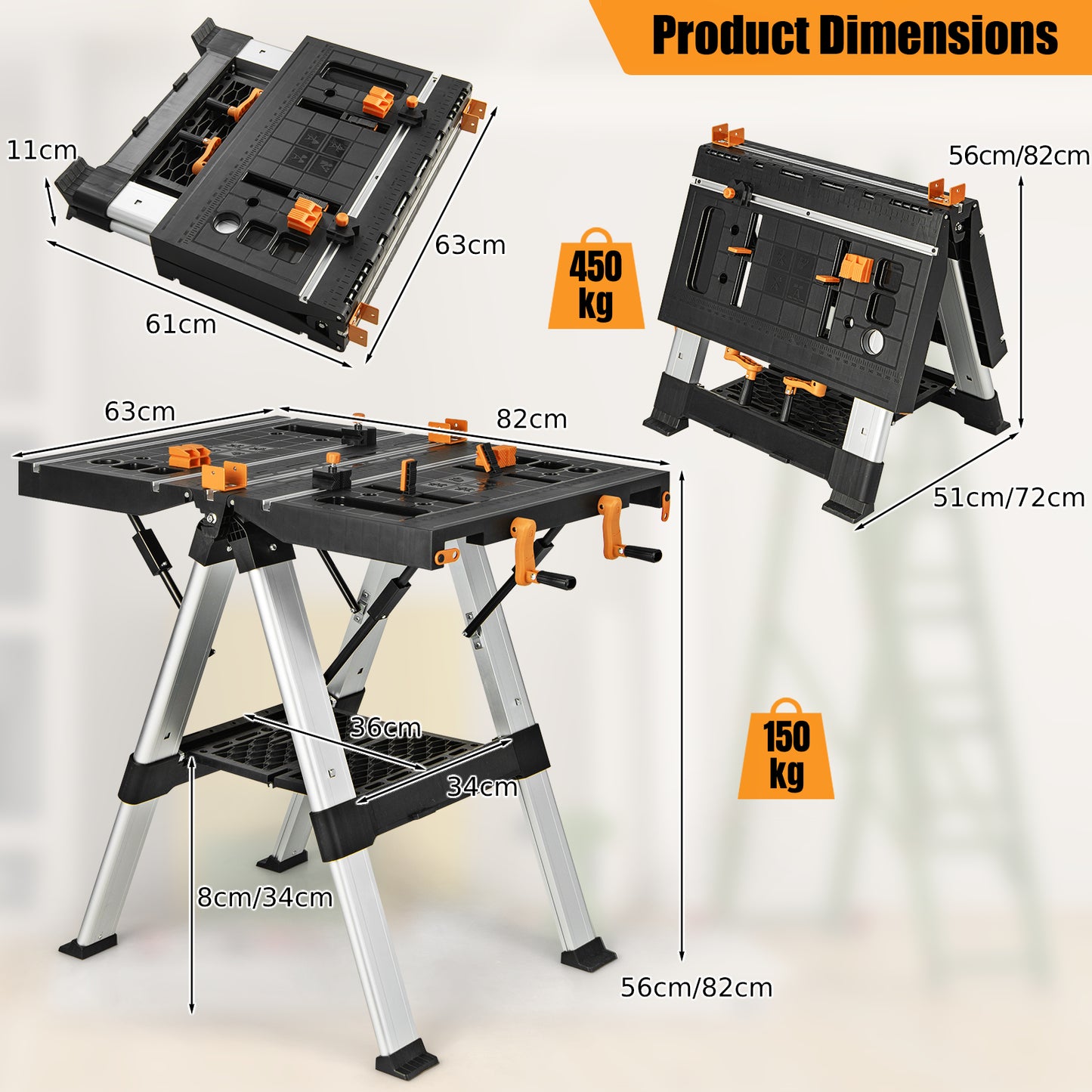 2 in 1 Portable Folding Work Bench Sawhorse Worktable with Adjustable Height-Orange