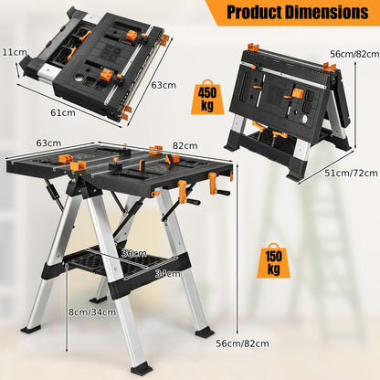 2 in 1 Portable Folding Work Bench Sawhorse Worktable with Adjustable Height-Orange