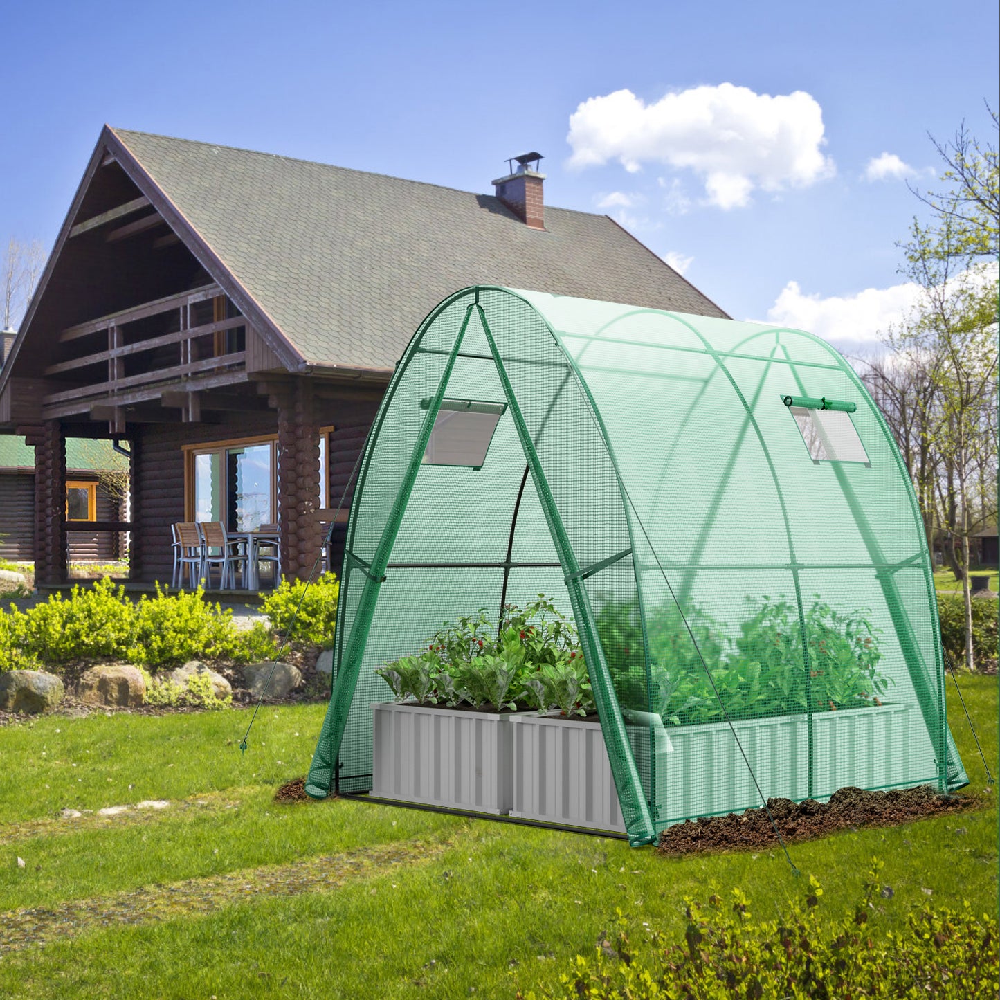 Portable Wall-in Tunnel Greenhouse with 2 Zippered Doors-Green