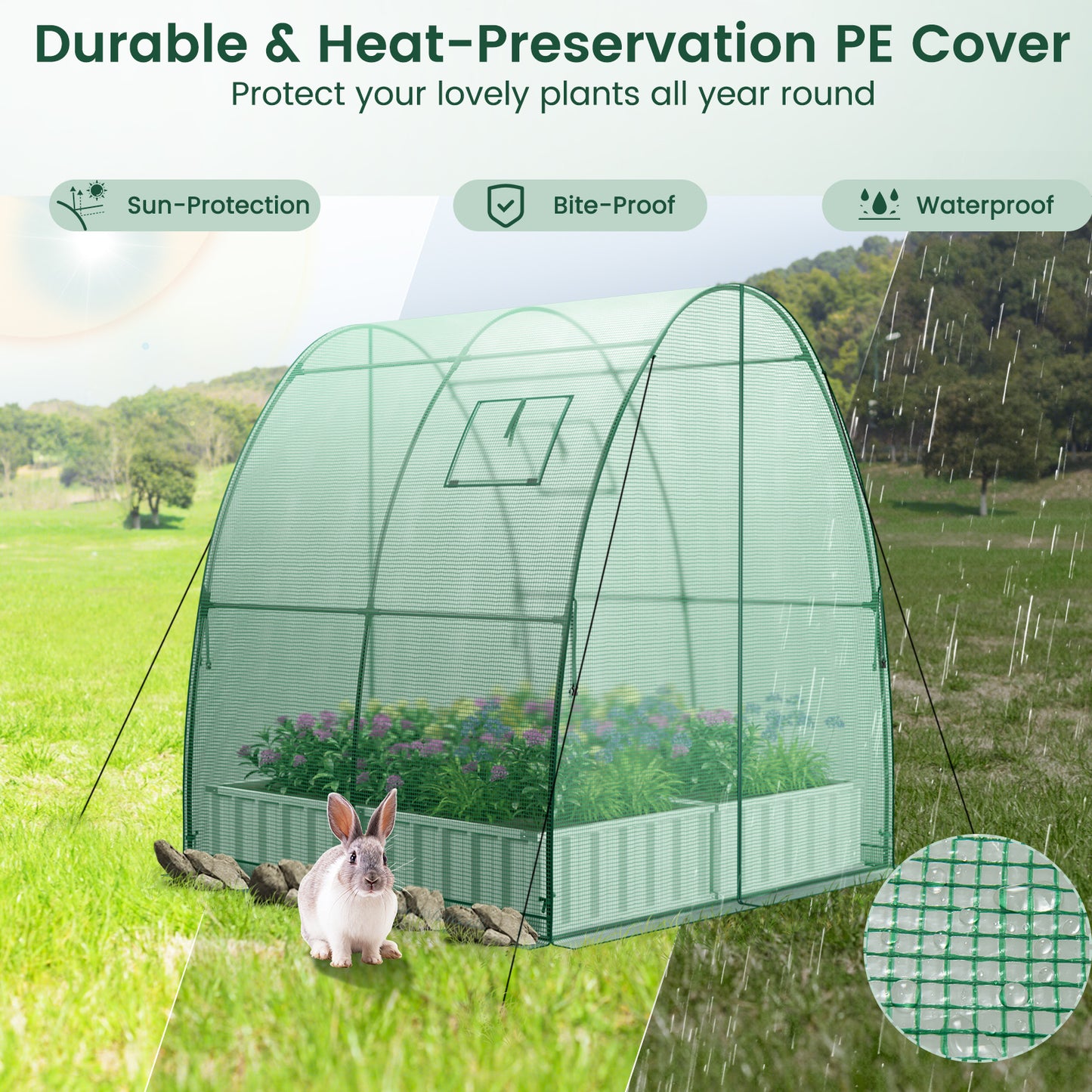 Portable Wall-in Tunnel Greenhouse with 2 Zippered Doors-Green
