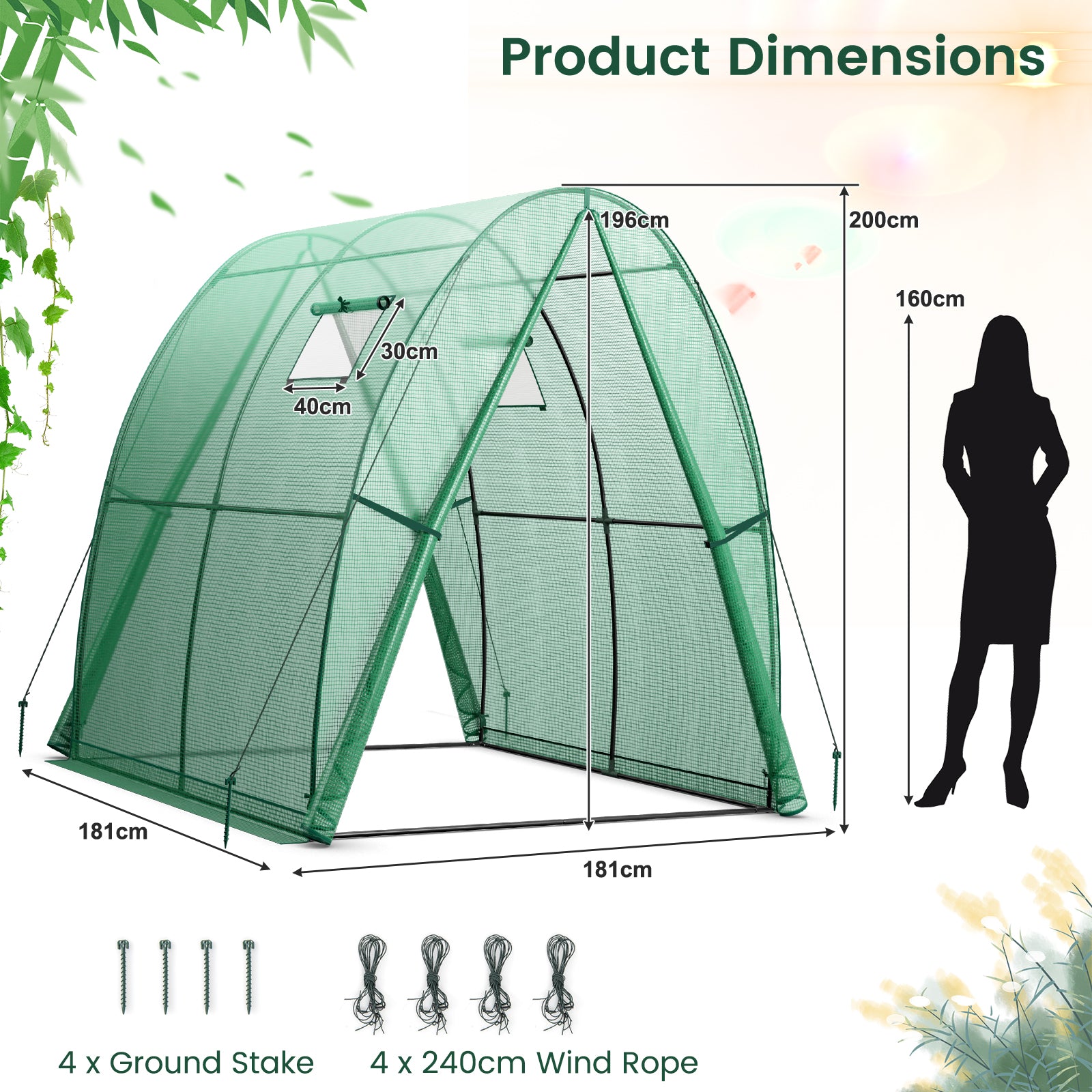 Portable Wall-in Tunnel Greenhouse with 2 Zippered Doors-Green