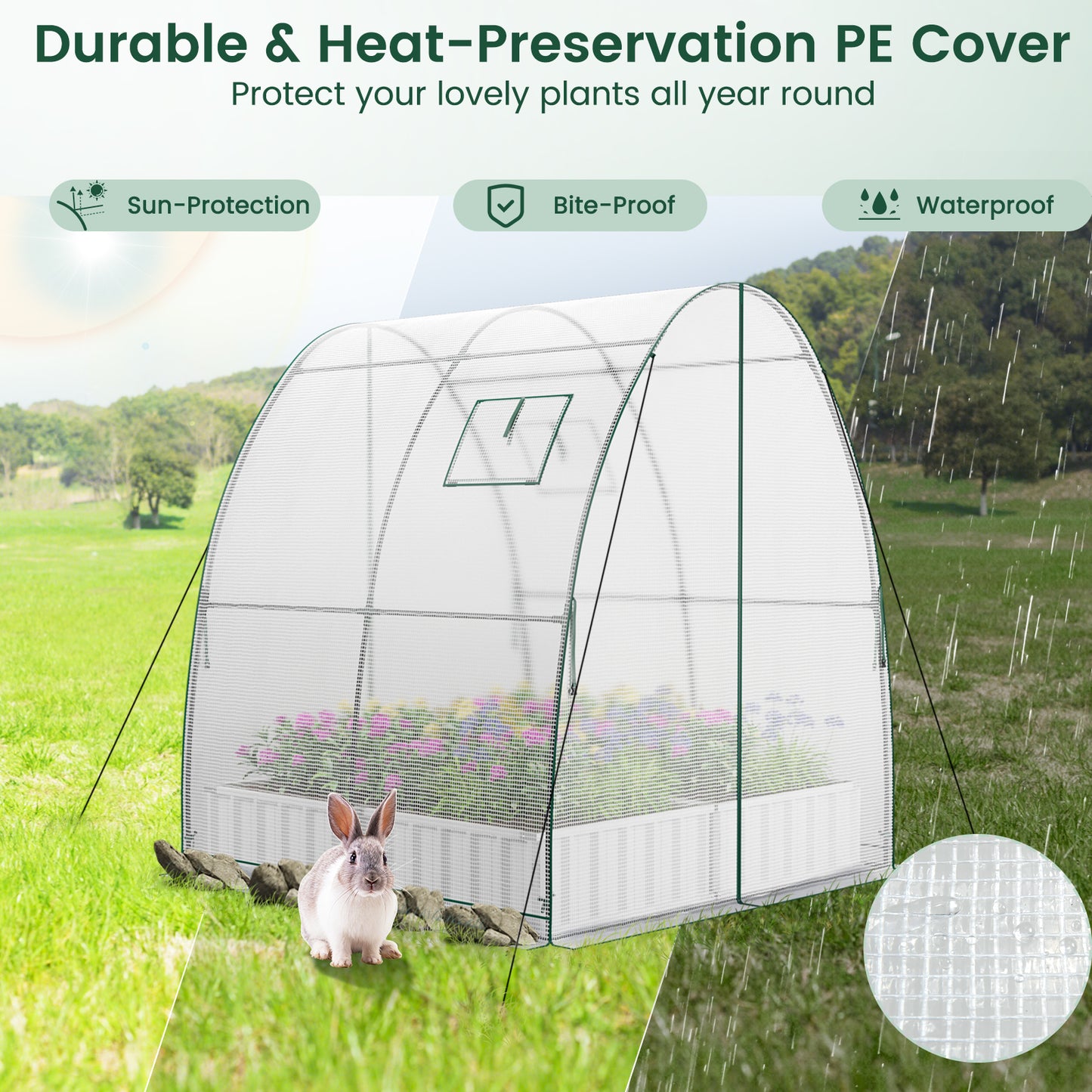 Portable Wall-in Tunnel Greenhouse with 2 Zippered Doors-White