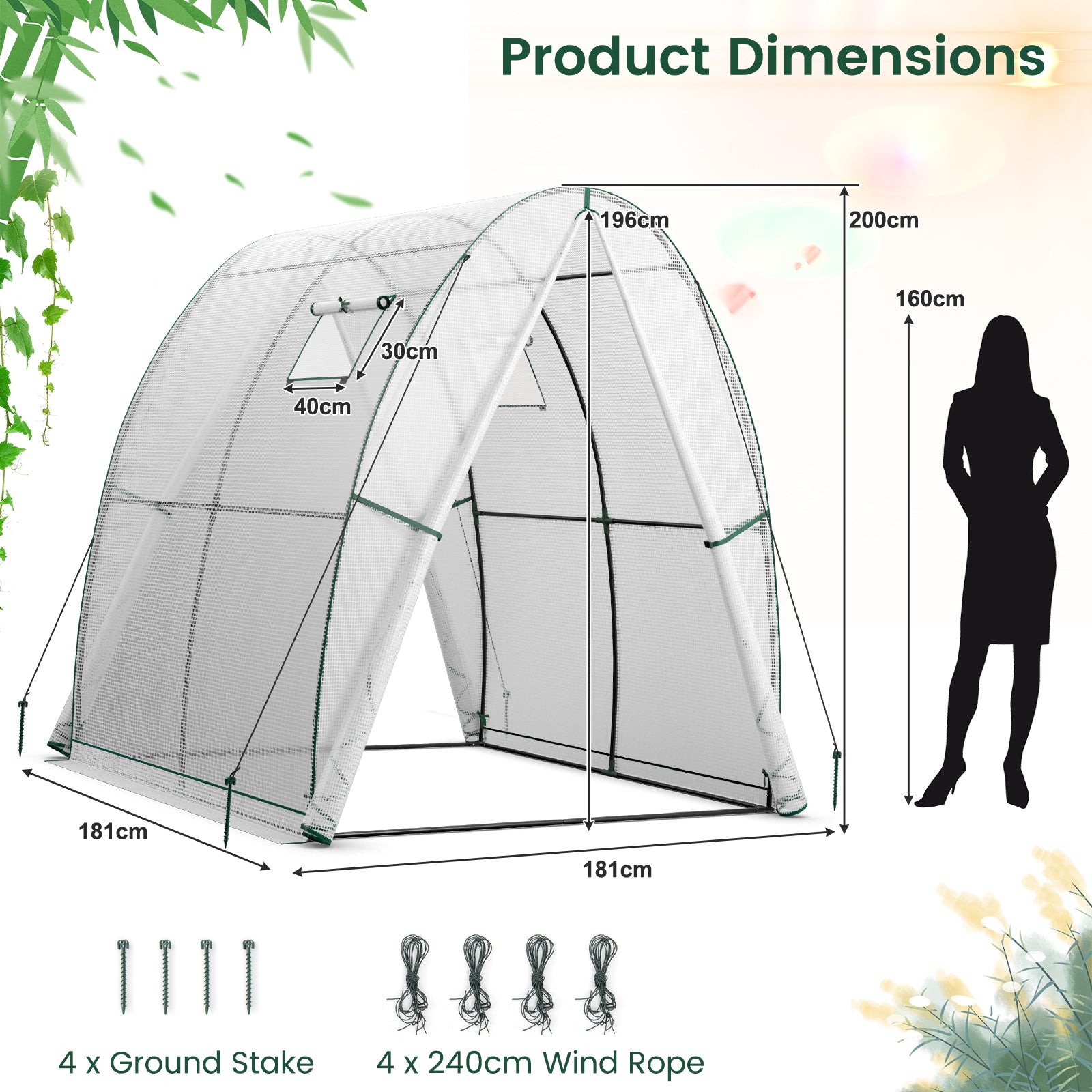 Portable Wall-in Tunnel Greenhouse with 2 Zippered Doors-White