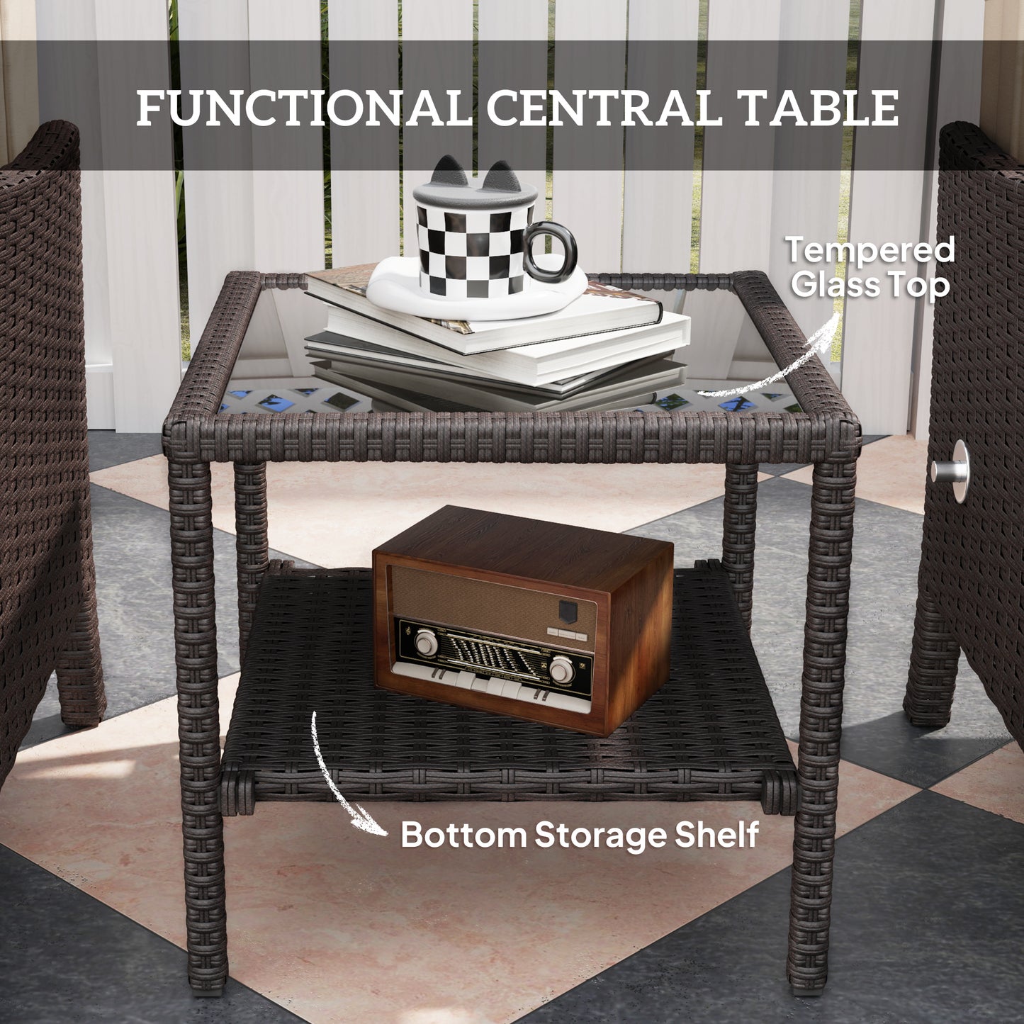 Outsunny 5 Piece Rattan Garden Furniture Set, Wicker Patio Sofa Set with 2 Armchairs, 2 Footstools, Glass Top Coffee Table with Shelf, Outdoor Furniture with Adjustable Backrests, Cushions, Khaki