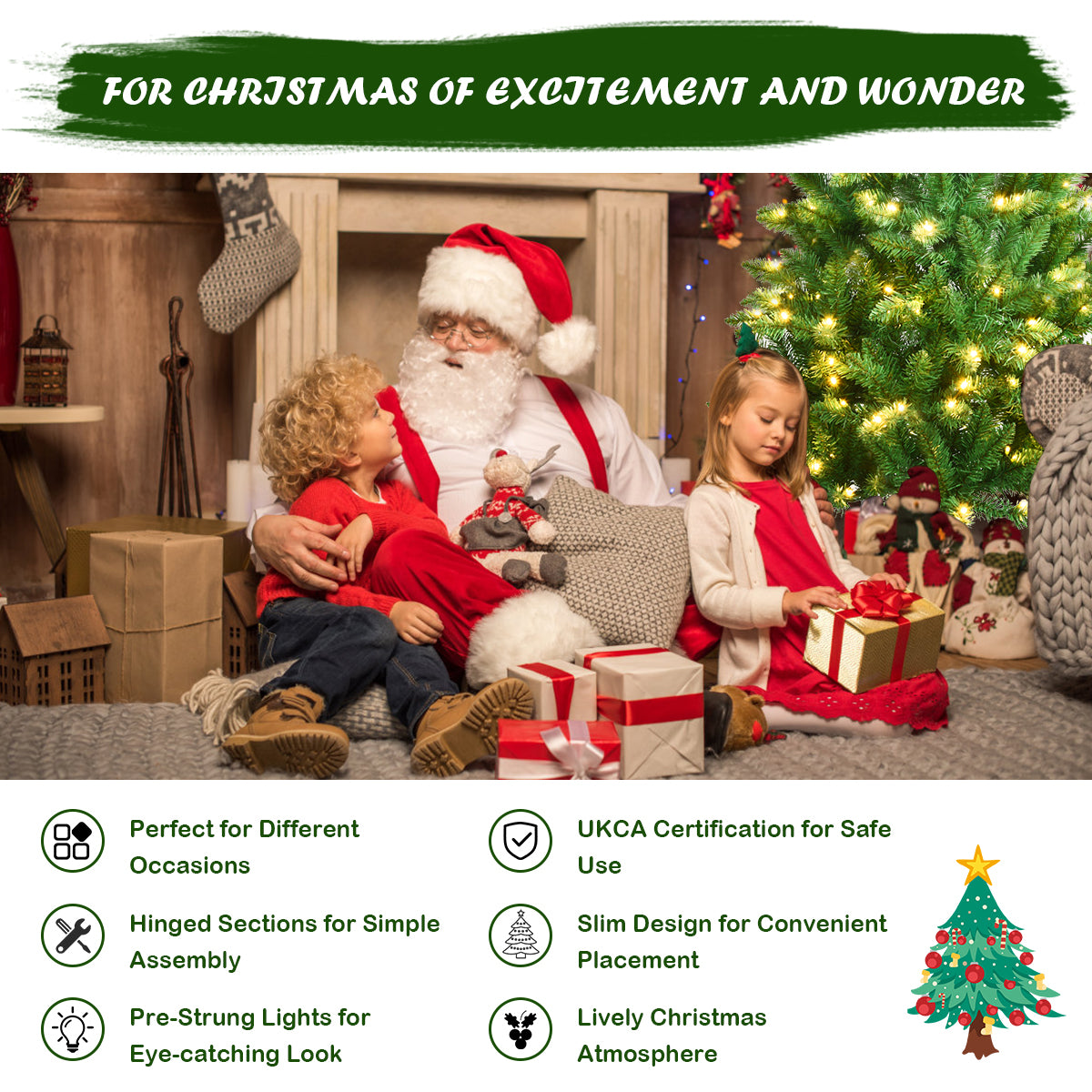 Pre-lit Artificial Pencil Christmas Tree with Warm White UL-listed Lights-6FT