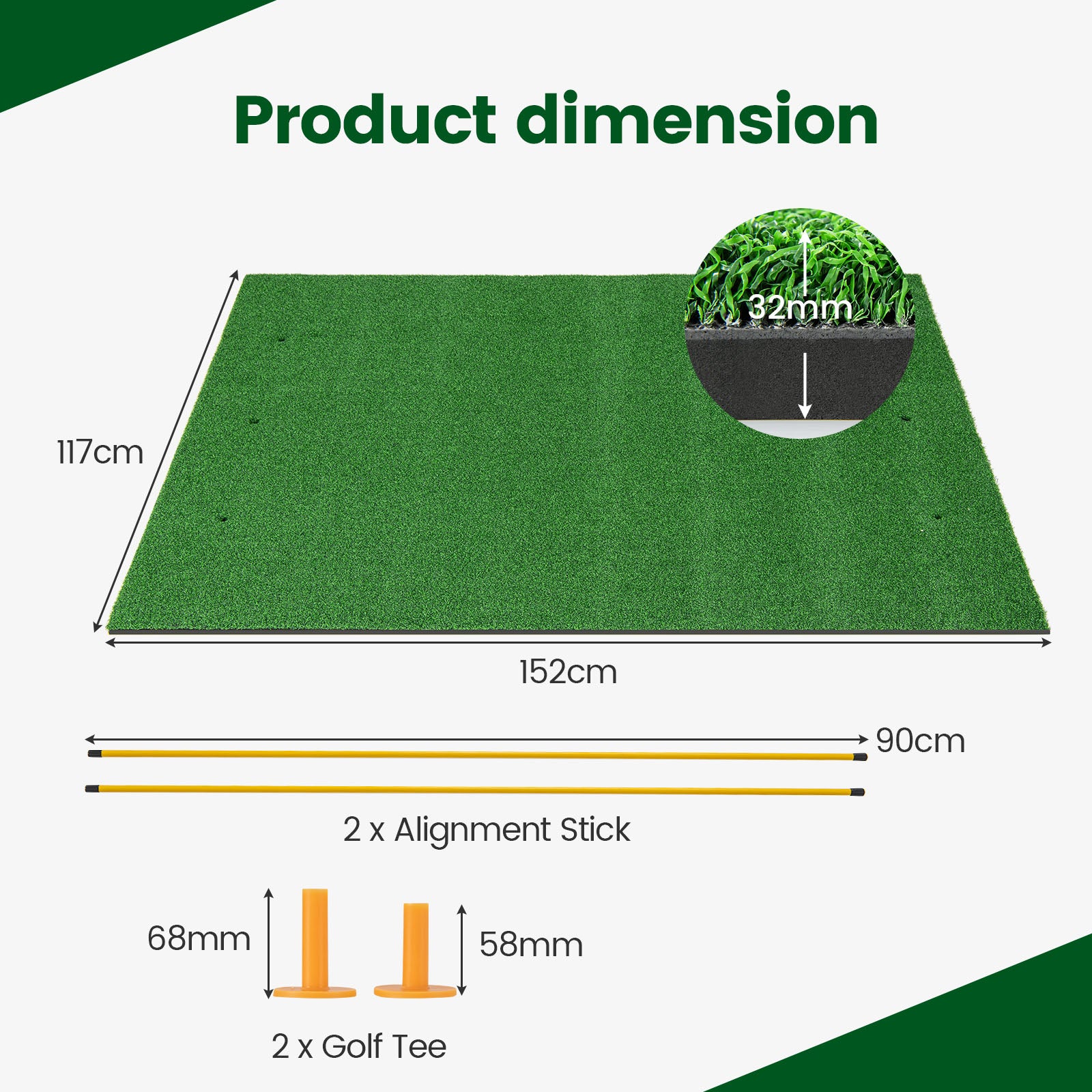 Premium Golf Practice Hitting Mat 3-In-1 with Synthetic Grass Turf-32 mm