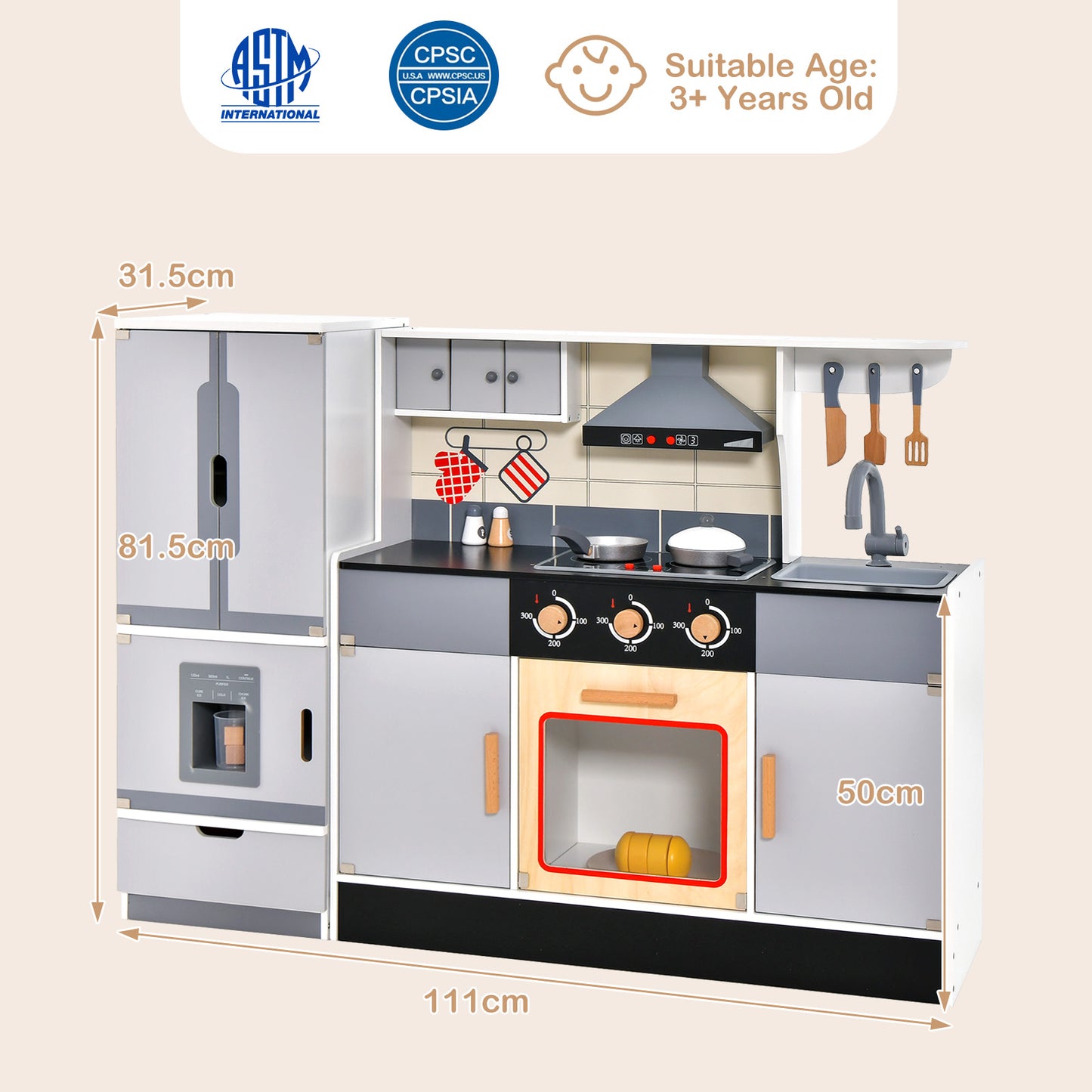 Pretend Play Kitchen Toy with Freestanding Refrigerator