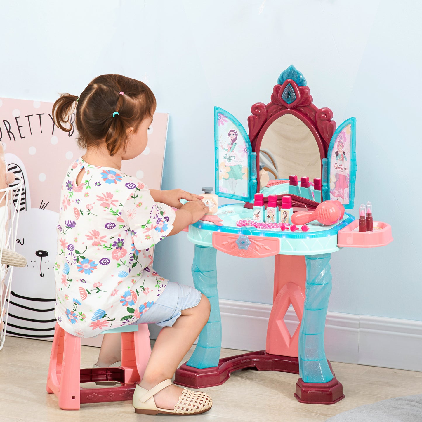 HOMCOM 31 PCS Kids Dressing Table Set with Magic Princess Mirror, Musical Pretend Toy W/ Beauty Kit Mirror Light & Music, for 3-6 Years Old Blue+Pink