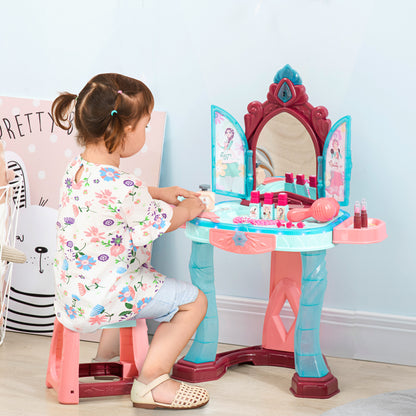 HOMCOM 31 PCS Kids Dressing Table Set with Magic Princess Mirror, Musical Pretend Toy W/ Beauty Kit Mirror Light & Music, for 3-6 Years Old Blue+Pink