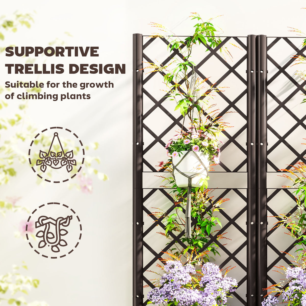 Outsunny Raised Garden Bed with Trellis, Plastic Planter Box with Drainage Holes, Drain Plugs and Water Reservoirs for Climbing Plants, Vegetables, Flowers, Brown