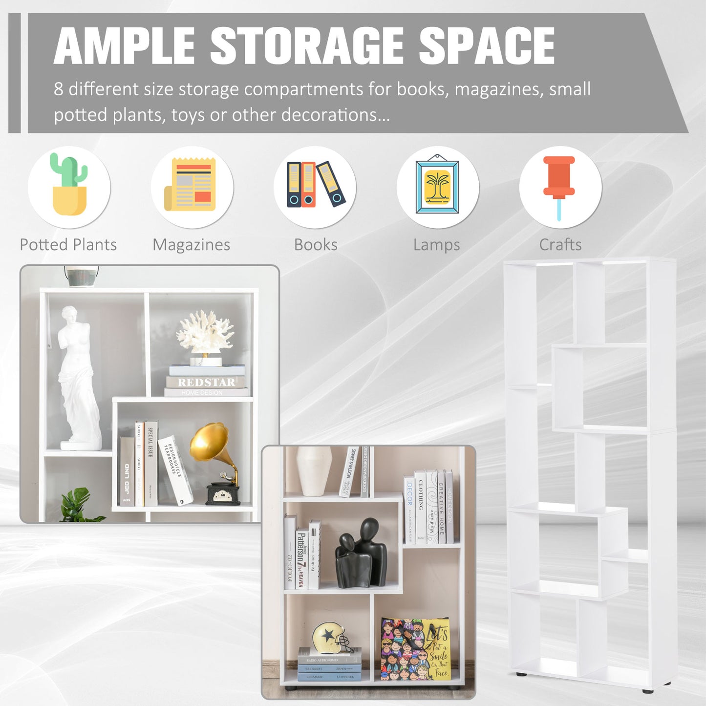 HOMCOM 8-Tier Freestanding Bookcase w/ Melamine Surface Anti-Tipping Foot Pads Home Display Storage Grid Stand Modern Style - White