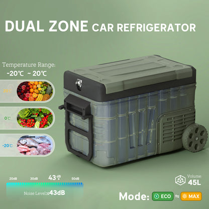 Outsunny 33L Camping Fridge Freezer Dual Zone, Portable Car Fridge 12V/24V DC & 100-240V AC, Electric Cool Box -20?-20? with Wheels and LED Light, for Travel, RV, Road Trip, Picnic [Energy Class E]