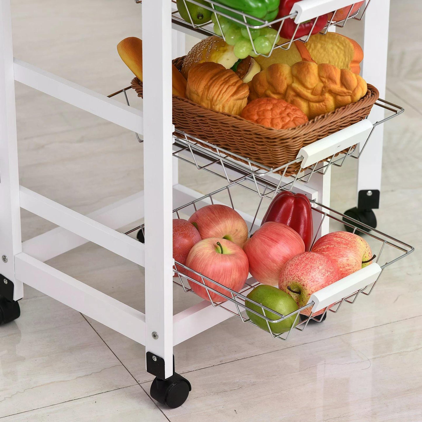 HOMCOM Drop-Leaf Kitchen Trolley w/ 3 Baskets Drawer Surface Top 6 Wheels Rolling Storage Unit Kitchen Home Dining Cart White Oak Tone