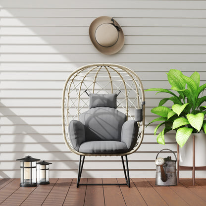Outsunny Rattan Egg Chair Outdoor Indoor Wicker Chair with Thickened Cushion and Headrest, Standing Garden Egg Chair with Cup Holder, Metal Frame for Patio, Balcony, Grey