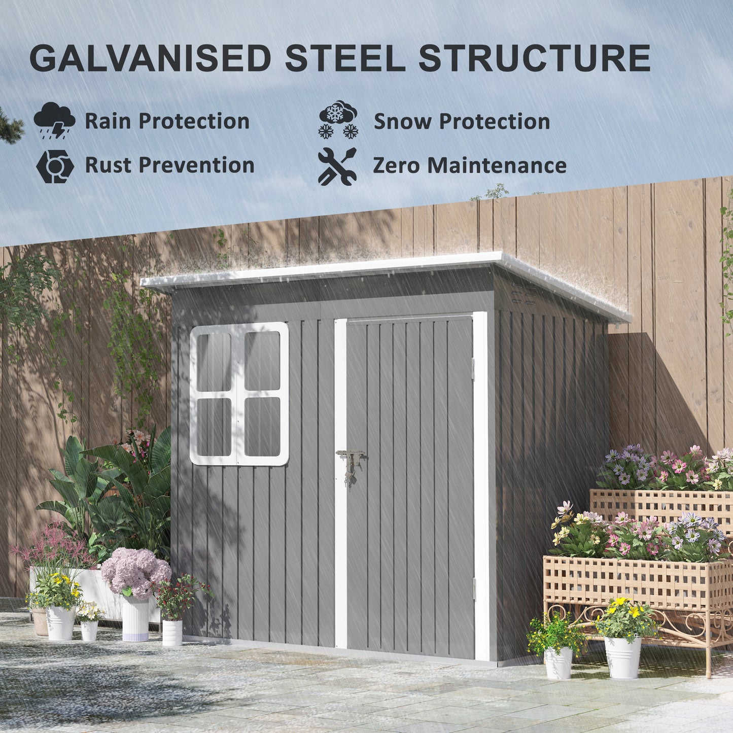Outsunny 7 x 4ft Galvanised Steel Garden Shed, with Lock and Gloves - Grey