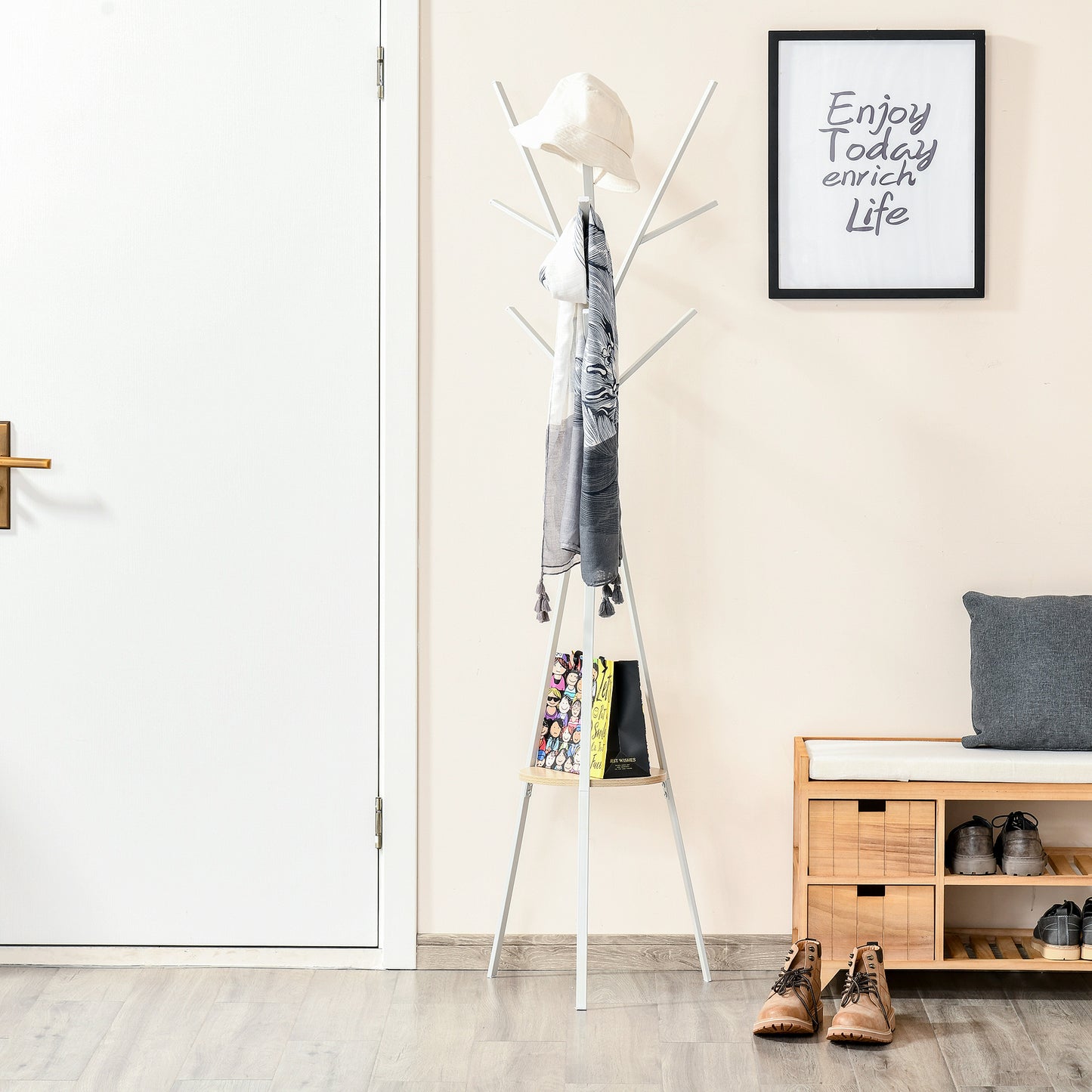 HOMCOM 180cm Free Standing Metal Coat Rack Stand 9 Hooks Clothes Tree with 1 Shelf Hat Display Hall Tree Hanger Bag for Hallway Living Room White