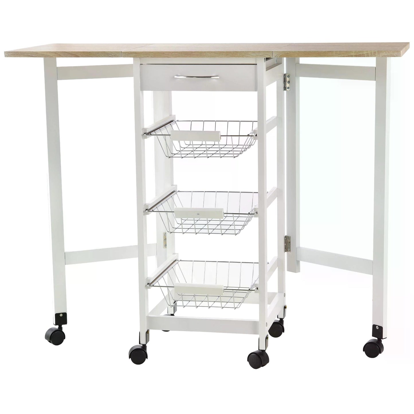 HOMCOM Drop-Leaf Kitchen Trolley w/ 3 Baskets Drawer Surface Top 6 Wheels Rolling Storage Unit Kitchen Home Dining Cart White Oak Tone