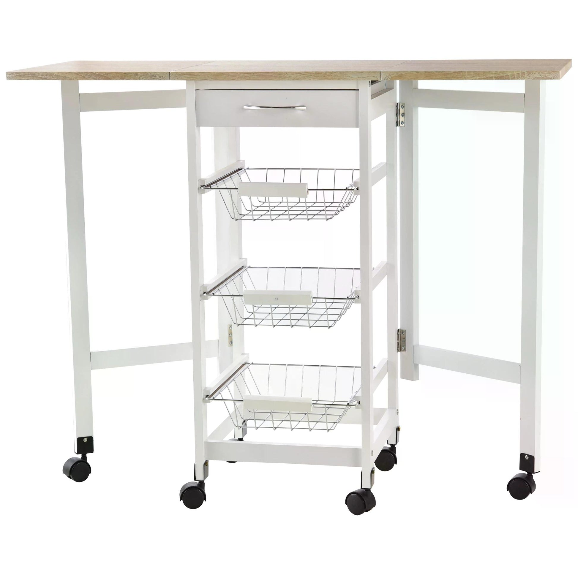 HOMCOM Drop-Leaf Kitchen Trolley w/ 3 Baskets Drawer Surface Top 6 Wheels Rolling Storage Unit Kitchen Home Dining Cart White Oak Tone