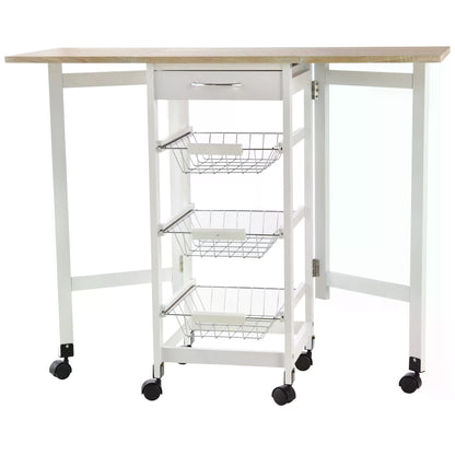 HOMCOM Drop-Leaf Kitchen Trolley w/ 3 Baskets Drawer Surface Top 6 Wheels Rolling Storage Unit Kitchen Home Dining Cart White Oak Tone
