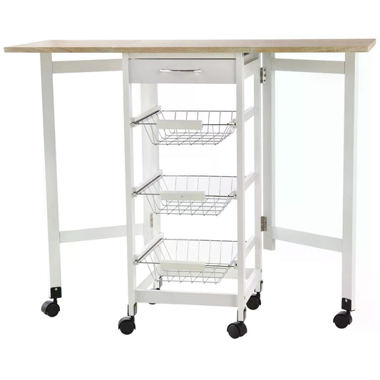 HOMCOM Drop-Leaf Kitchen Trolley w/ 3 Baskets Drawer Surface Top 6 Wheels Rolling Storage Unit Kitchen Home Dining Cart White Oak Tone