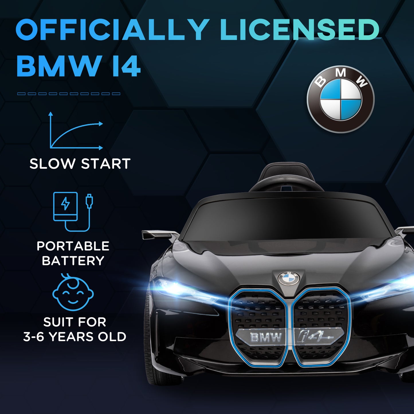 HOMCOM BMW i4 Licensed 12V Kids Electric Ride on Car w/ Remote Control, Powered Electric Car w/ Portable Battery, Music, Horn, Headlights