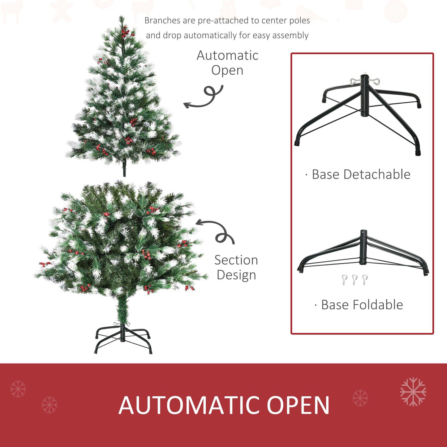 HOMCOM 5ft Artificial Snow-Flocked Pine Tree Holiday Home Christmas Decoration with Red Berries - Green