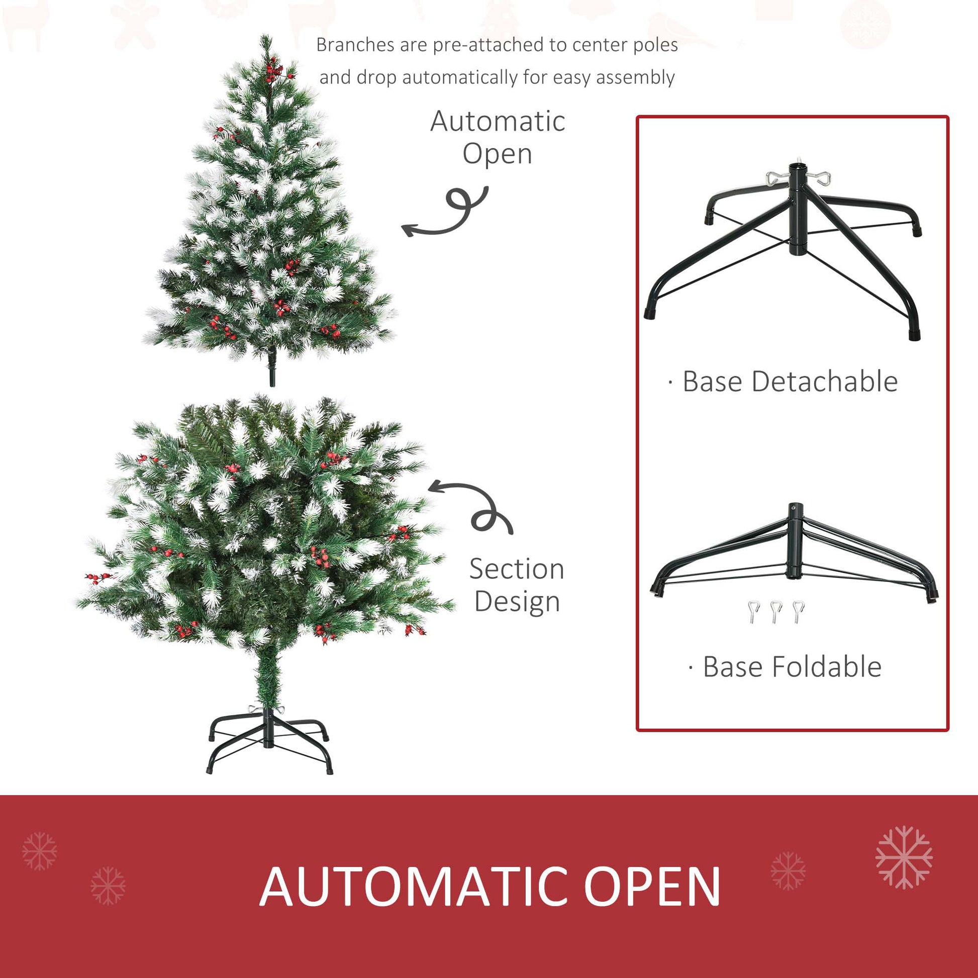 HOMCOM 5ft Artificial Snow-Flocked Pine Tree Holiday Home Christmas Decoration with Red Berries - Green