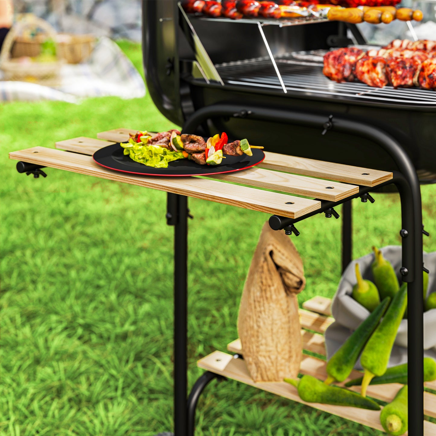 Outsunny Charcoal Barbecue Grill Portable BBQ Grill with 1840 cm² Cooking Area, 3 Shelves, Adjustable Vent, Lockable Lid, Wheels for Outdoor Cooking, Garden Party, Black