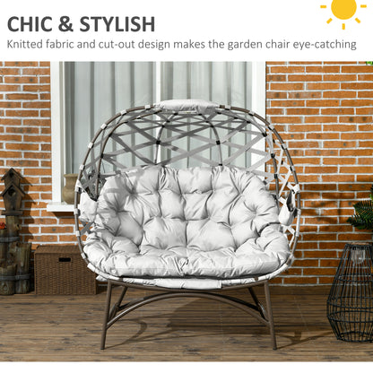 Outsunny 2 Seater Egg Chair Outdoor, Folding Weave Garden Furniture Chair with Cushion, Cup Pockets - Light Grey