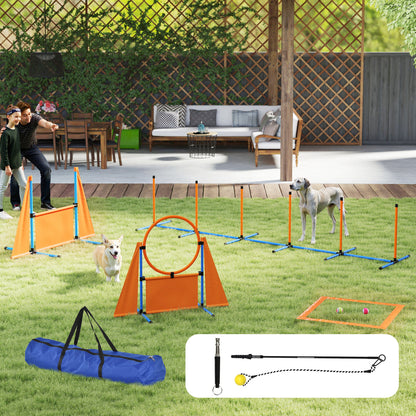PawHut Seven-Piece Dog Agility Equipment Set with Weave Poles, Jump Ring, Hurdle, Pause Box, Carry Bag, Orange