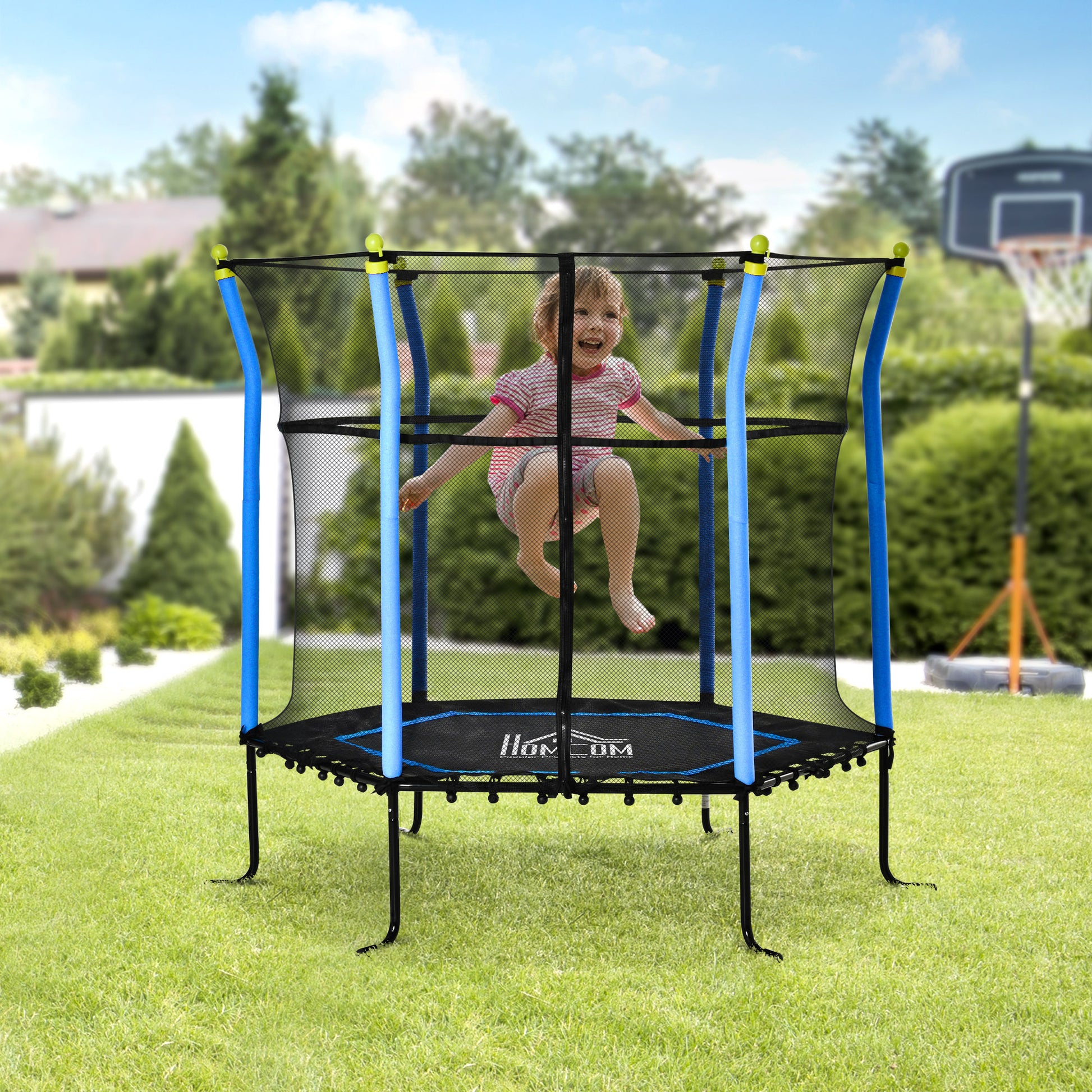 HOMCOM 5.2FT / 63 Inch Kids Trampoline With Enclosure Net Mini Indoor Outdoor Trampolines for Child Toddler Age 3 - 10 Years Blue