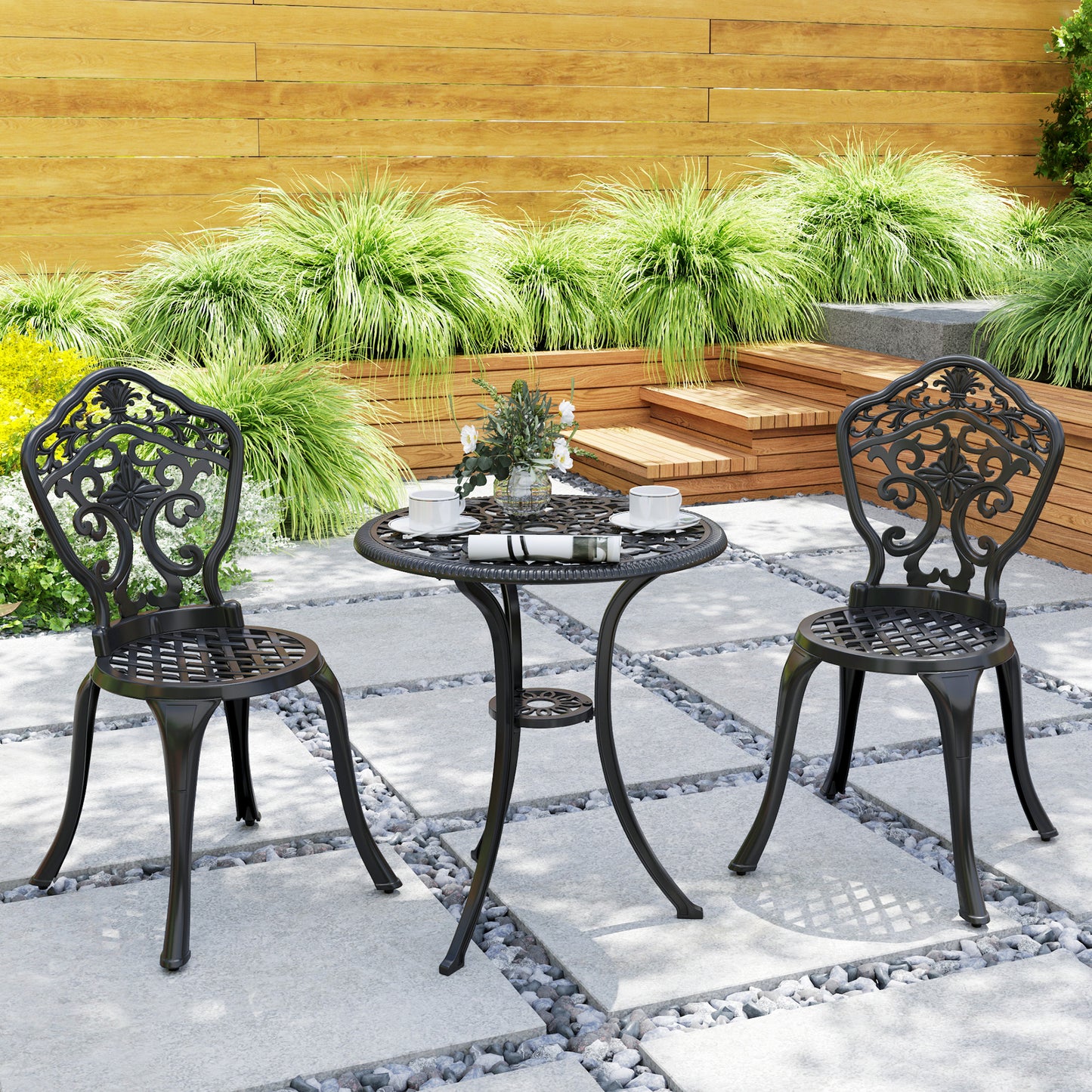 Outsunny Three-Piece Aluminium Floral Bistro Set - Black