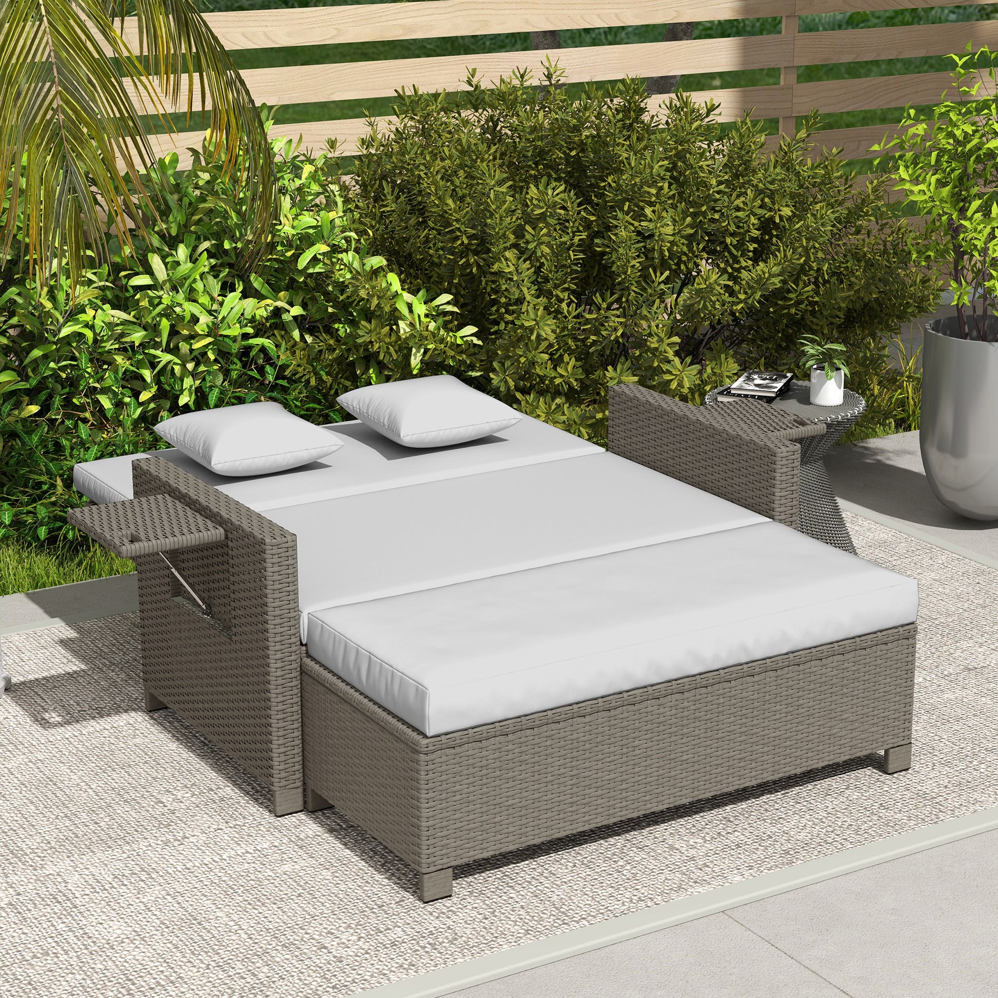 Outsunny Rattan Day Bed, with Footstool - Light Grey