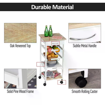 HOMCOM Mobile Rolling Kitchen Island Trolley for Living room, Serving Cart with Drawer & Basket, White