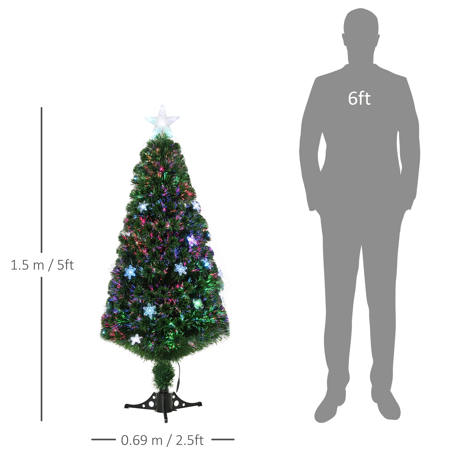 HOMCOM HOMCM 5FT Prelit Artificial Christmas Tree Fiber Optic LED Light Holiday Home Xmas Decoration Tree with Foldable Feet, Green