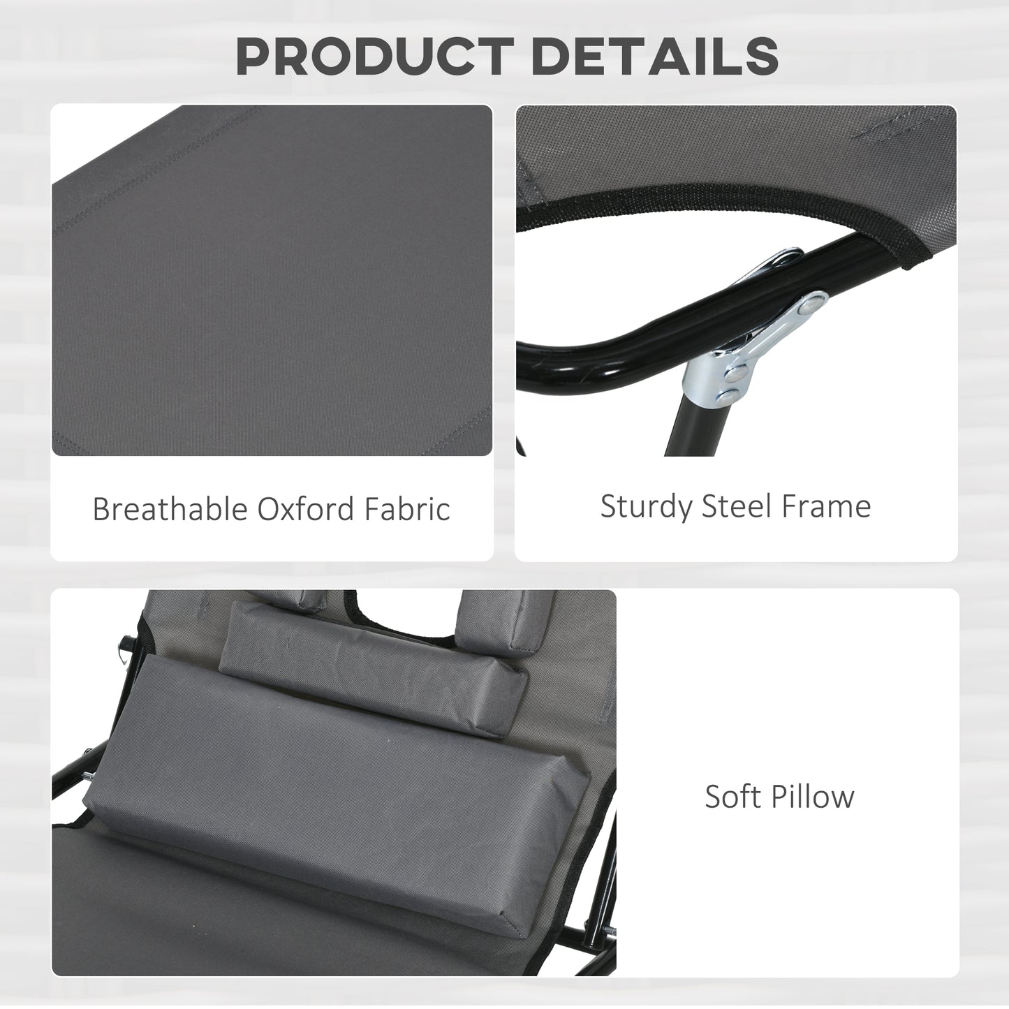 Outsunny Outdoor Folding Sun Lounger Set of 2 with Face Hole, 4 Level Adjustable Backrest Reclining Garden Lounger, Garden Recliner Sunbed with 600 D Oxford Cloth Seat and Pillow for Beach, Dark Grey