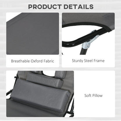 Outsunny Outdoor Folding Sun Lounger Set of 2 with Face Hole, 4 Level Adjustable Backrest Reclining Garden Lounger, Garden Recliner Sunbed with 600 D Oxford Cloth Seat and Pillow for Beach, Dark Grey