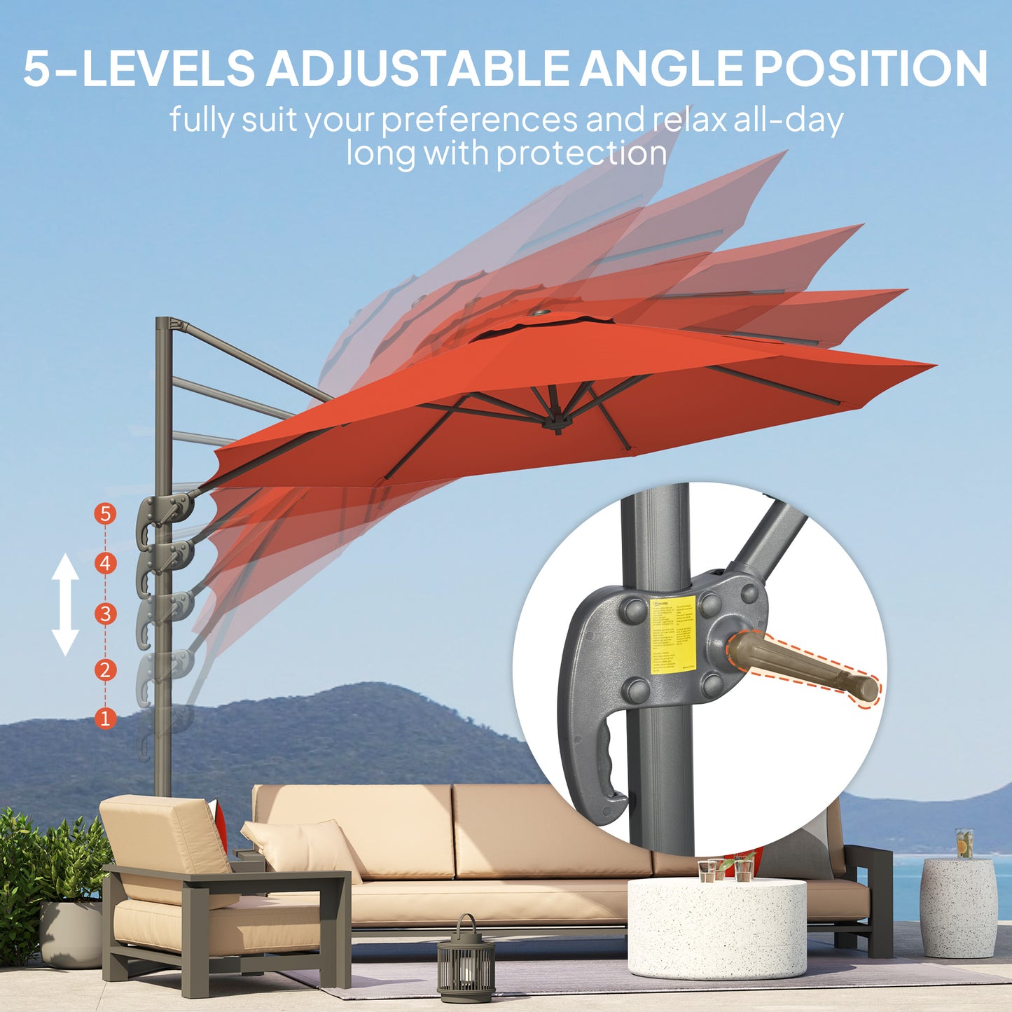 Outsunny Five-Position Overhanging Parasol - Orange