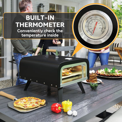 Outsunny Outdoor Tabletop Gas Pizza Oven with 12" Stone and Peel, Portable Pizza Oven Maker with Thermometer, Foldable Legs, Handle, Gas Hose and Regulator, Black