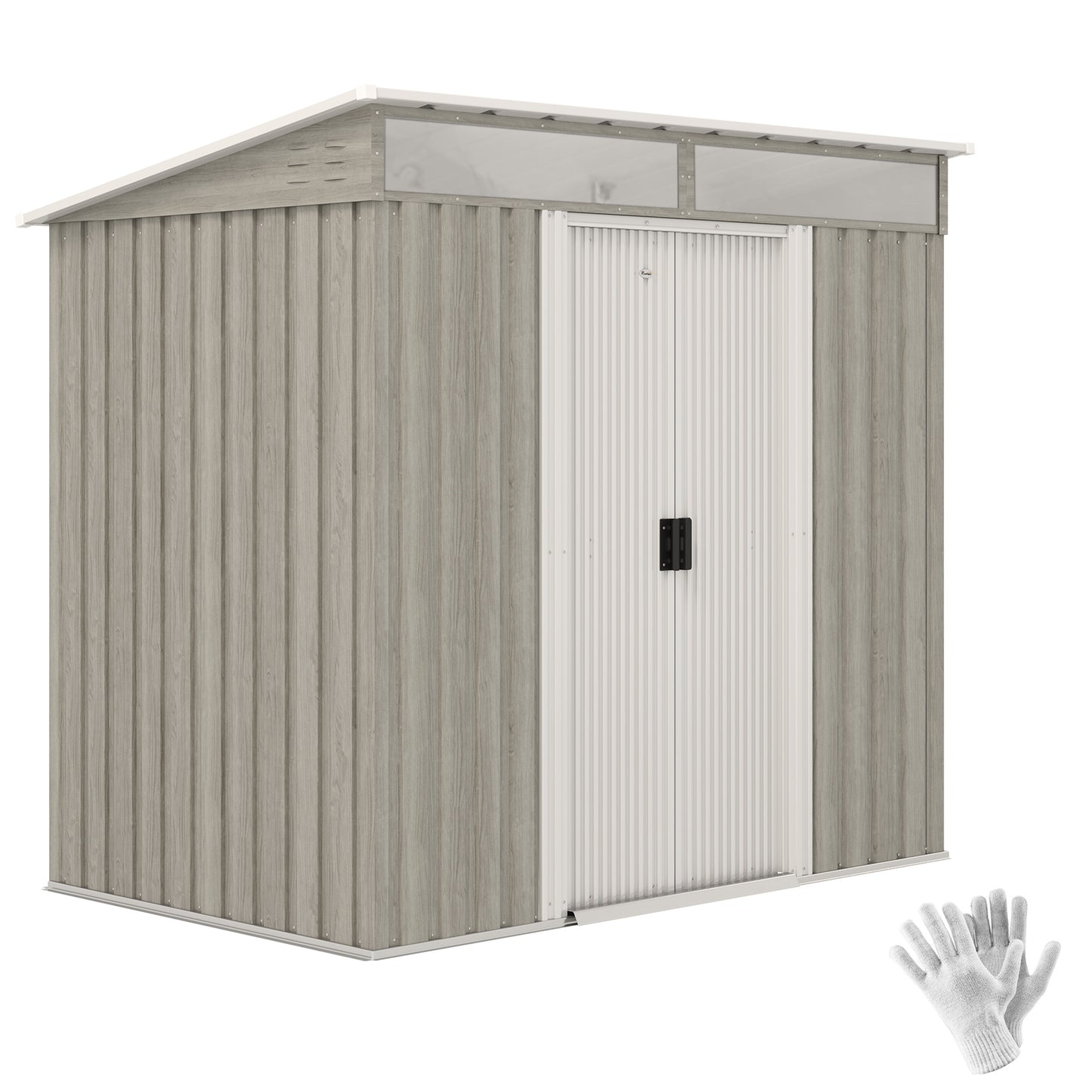 Outsunny 6.5 x 4FT Galvanised Metal Shed with Foundation Kit, Lockable Tool Garden Shed with Double Sliding Doors, Vents, Light Grey Wood Effect